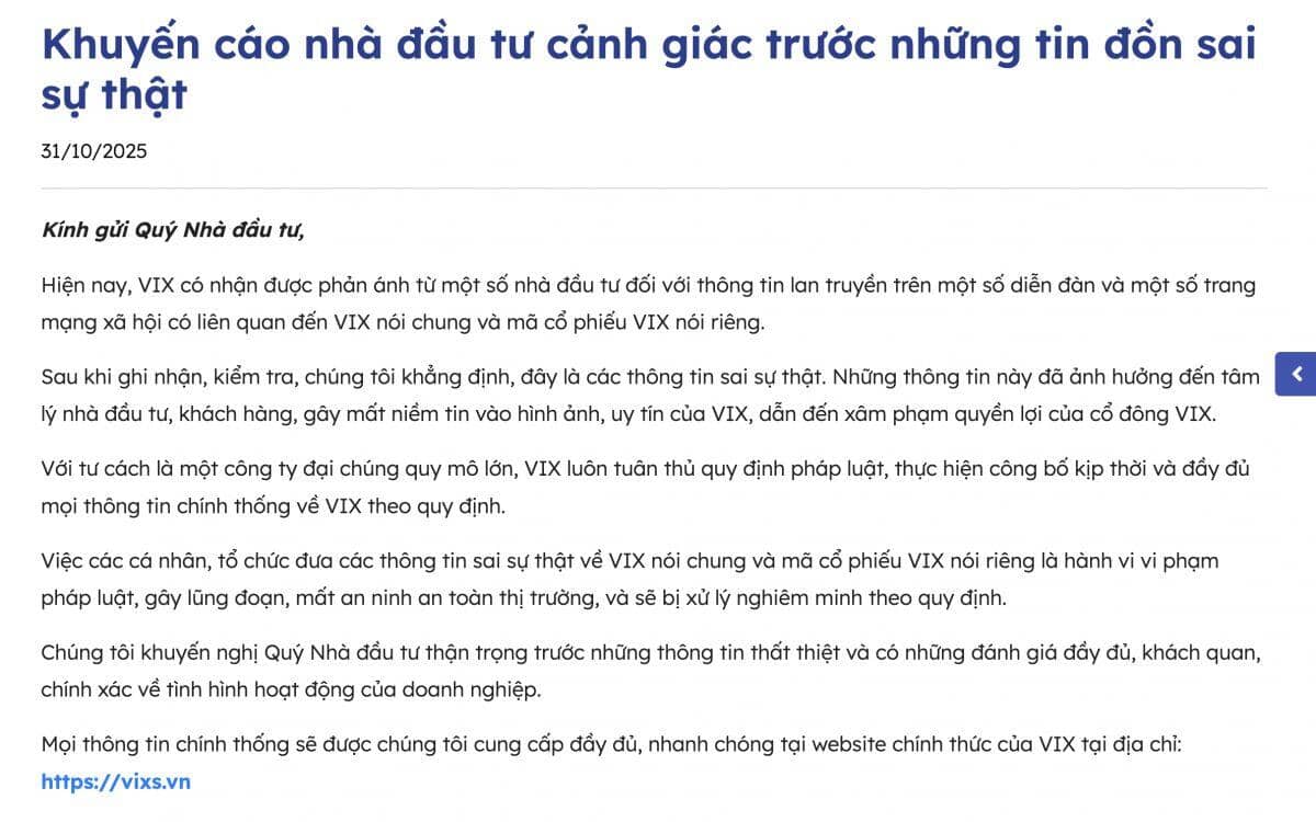 Tin đồn khiến NĐT hoang mang, Chứng khoán VIX lên tiếng