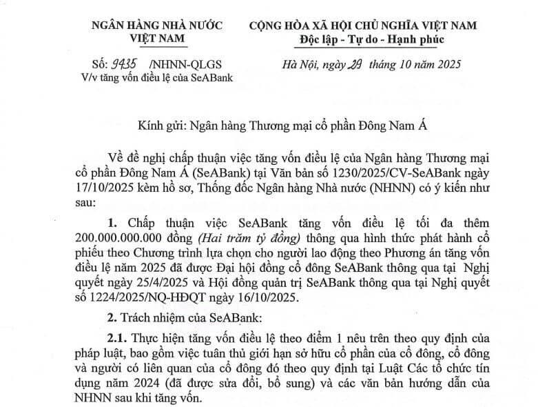 SeABank được chấp thuận tăng vốn lên 28.650 tỷ đồng