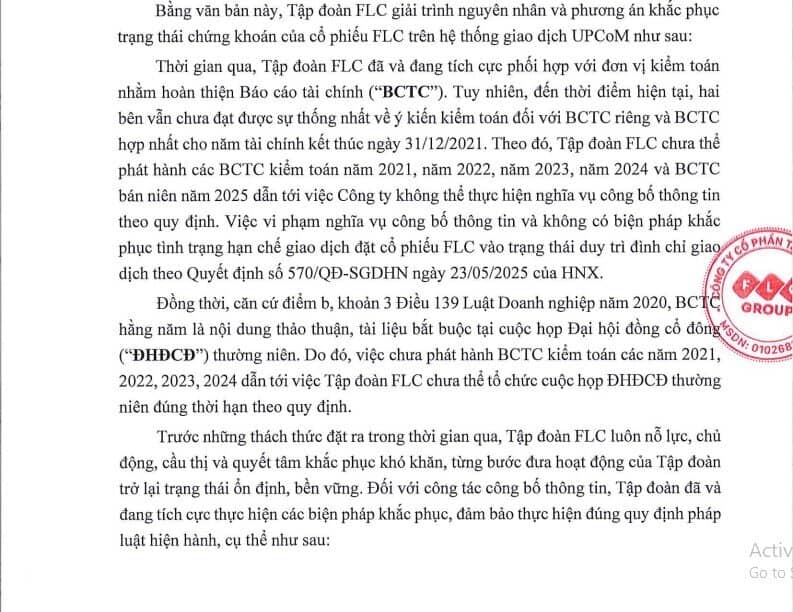 FLC giải trình nguyên nhân chậm công bố thông tin và kế hoạch khắc phục