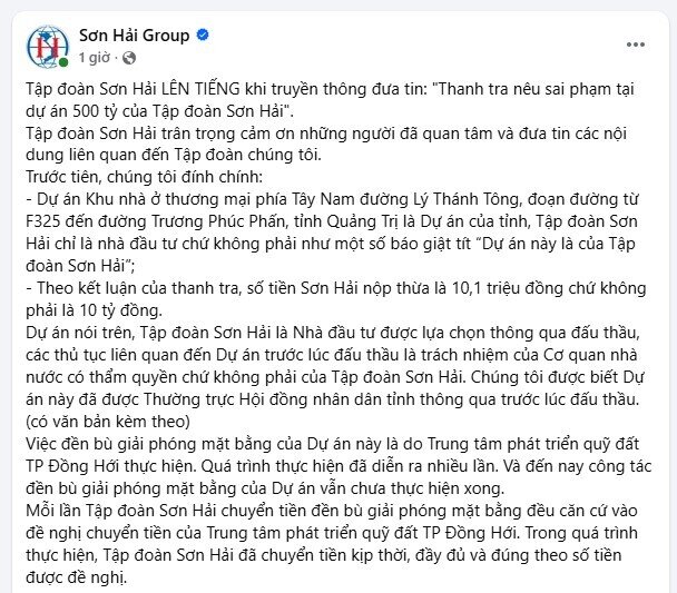 Tập đoàn Sơn Hải lên tiếng về việc Thanh tra nêu sai phạm tại dự án 500 tỷ