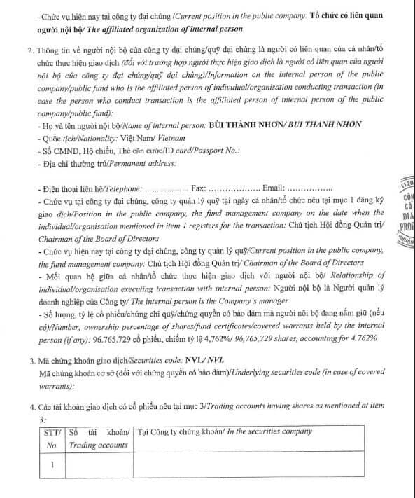 Doanh nghiệp liên quan đến Chủ tịch Bùi Thành Nhơn bán ra 1,1 triệu cổ phiếu NVL