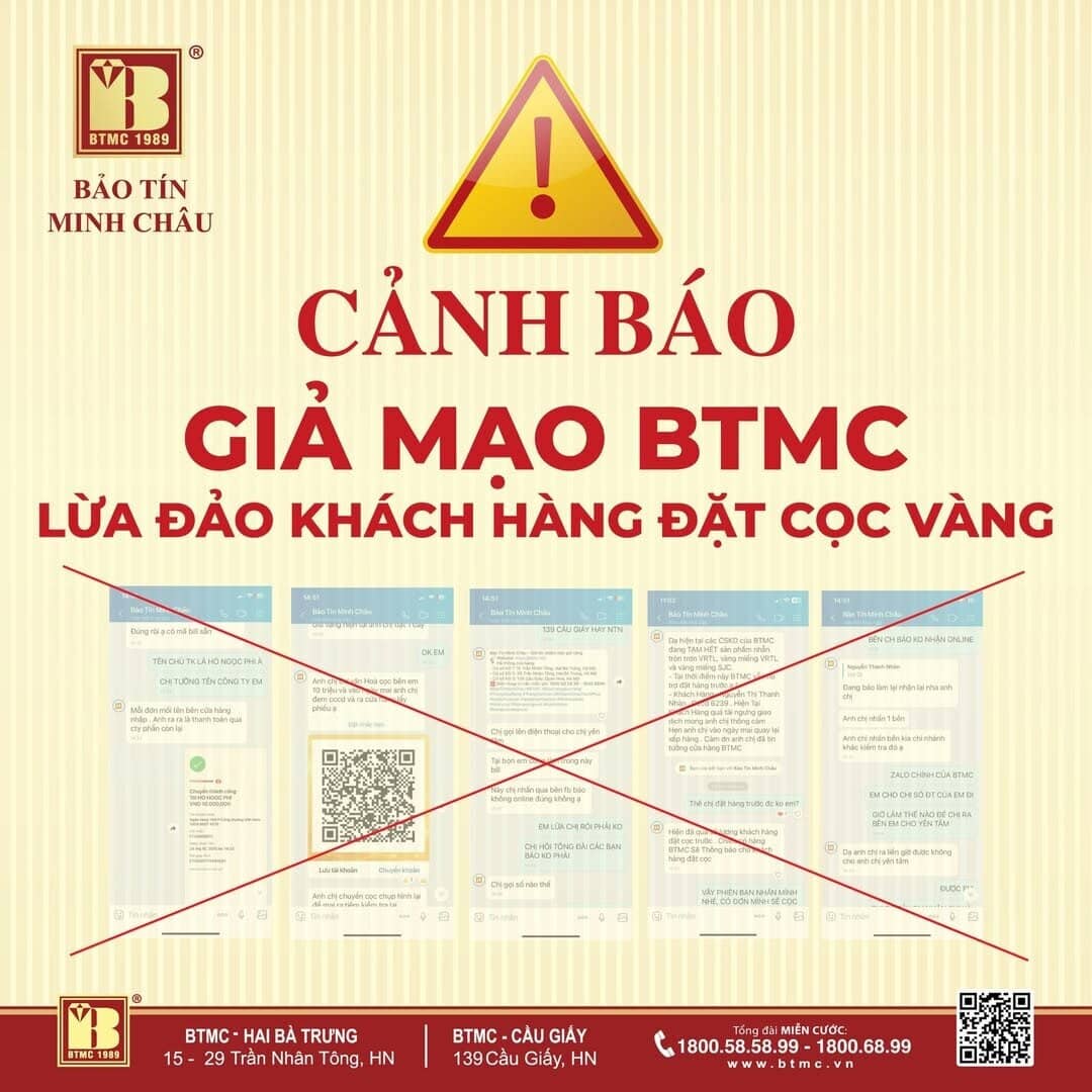 Bảo Tín Minh Châu cảnh báo khẩn: Xuất hiện nhiều tài khoản giả mạo nhận đặt cọc vàng