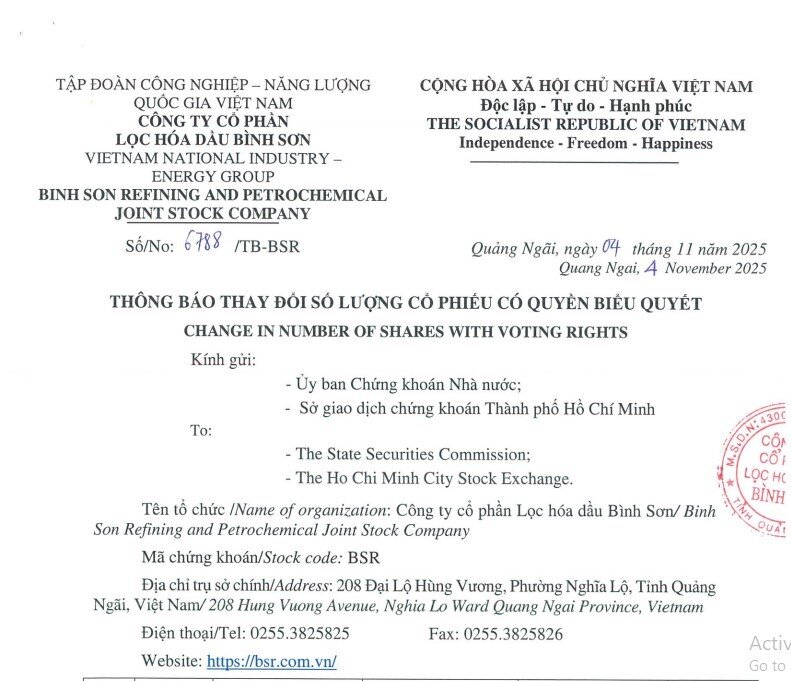 Lọc hóa dầu Bình Sơn tăng vốn điều lệ vượt 50.000 tỷ đồng sau phát hành cổ phiếu