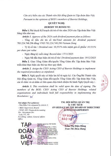 Tập đoàn Bảo Việt sắp chi hơn 780 tỷ đồng trả cổ tức năm 2024