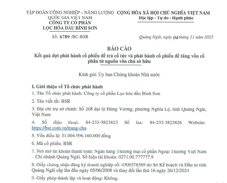 Lọc hóa dầu Bình Sơn tăng vốn điều lệ vượt 50.000 tỷ đồng sau phát hành cổ phiếu