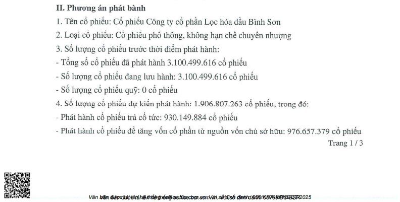 Lọc hóa dầu Bình Sơn tăng vốn điều lệ vượt 50.000 tỷ đồng sau phát hành cổ phiếu