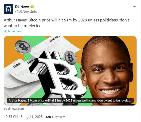 Arthur Hayes: Bitcoin sẽ cán mốc 1 triệu USD vào năm 2028