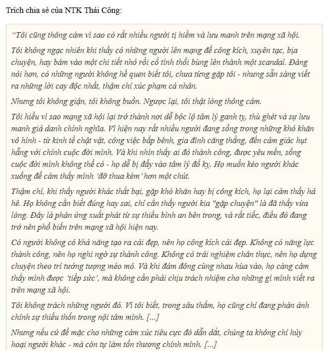 Thái Công nói gì trước khi khóa bình luận?