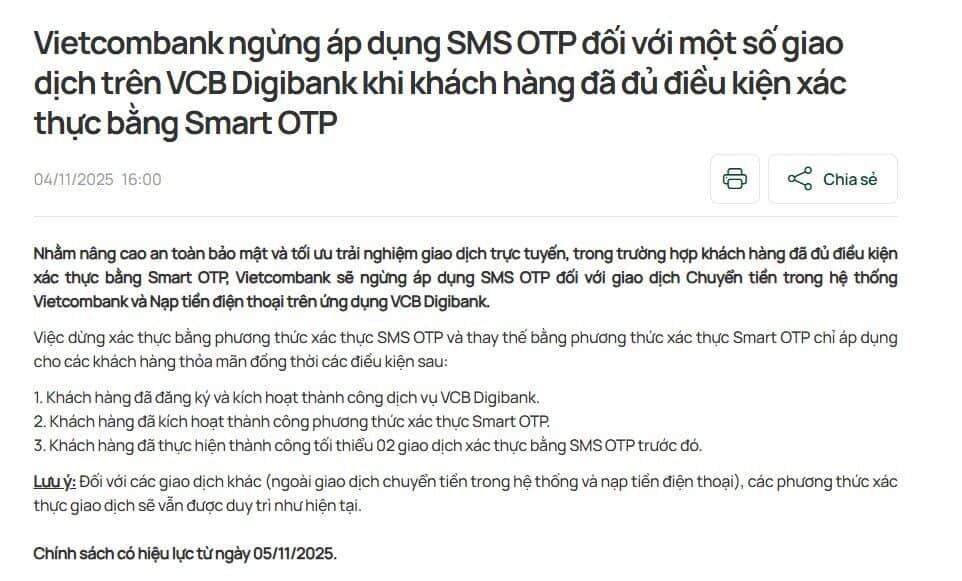 Vietcombank sẽ ngừng gửi mã OTP qua tin nhắn SMS cho những khách hàng sau