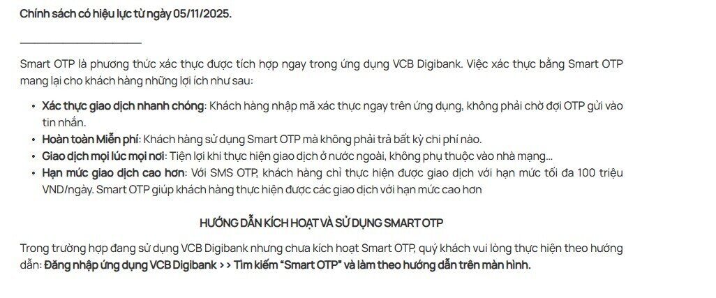 Vietcombank sẽ ngừng gửi mã OTP qua tin nhắn SMS cho những khách hàng sau