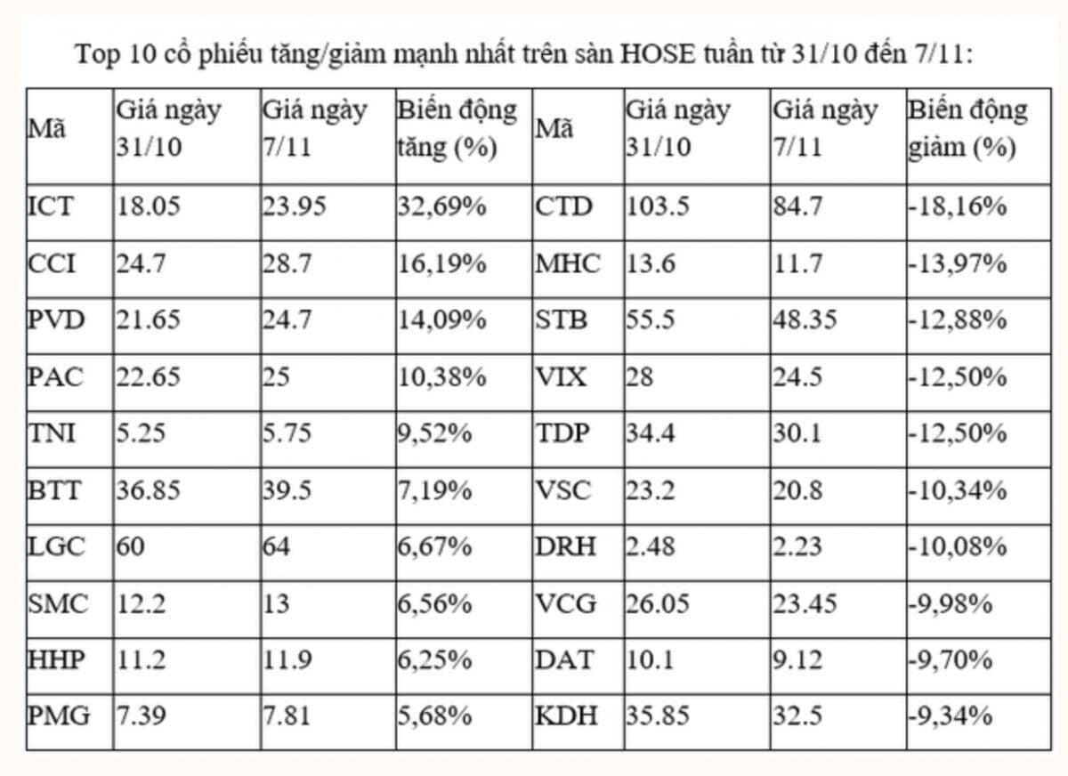 10 cổ phiếu tăng/giảm mạnh nhất sàn HoSE trong tuần qua