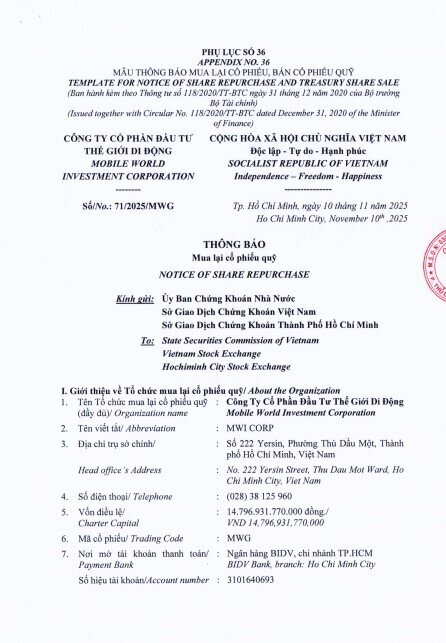 MWG chính thức đăng ký mua 10 triệu cổ phiếu quỹ