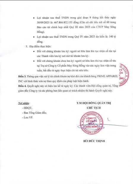 May Sông Hồng sắp tạm ứng cổ tức, gia đình Chủ tịch Bùi Đức Thịnh nhận về gần 200 tỷ đồng