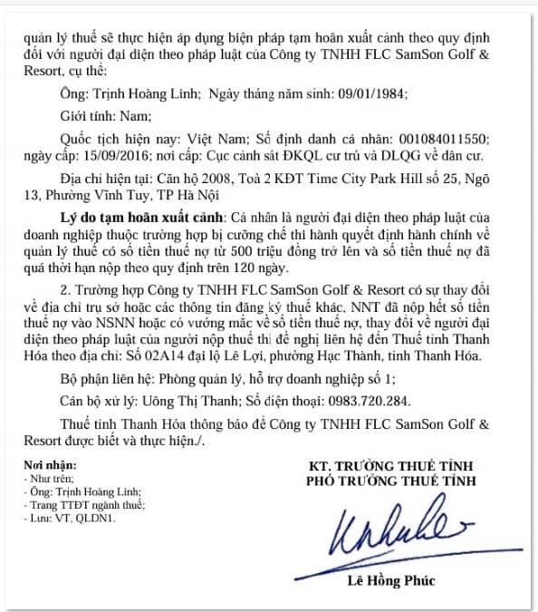 Vừa nhậm chức, Giám đốc FLC Samson Golf & Resort bị tạm hoãn xuất cảnh vì nợ thuế