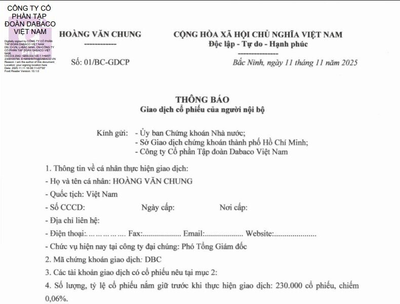Phó TGĐ Dabaco Việt Nam đăng ký bán 80.000 cổ phiếu giữa bối cảnh thị giá giảm 18%