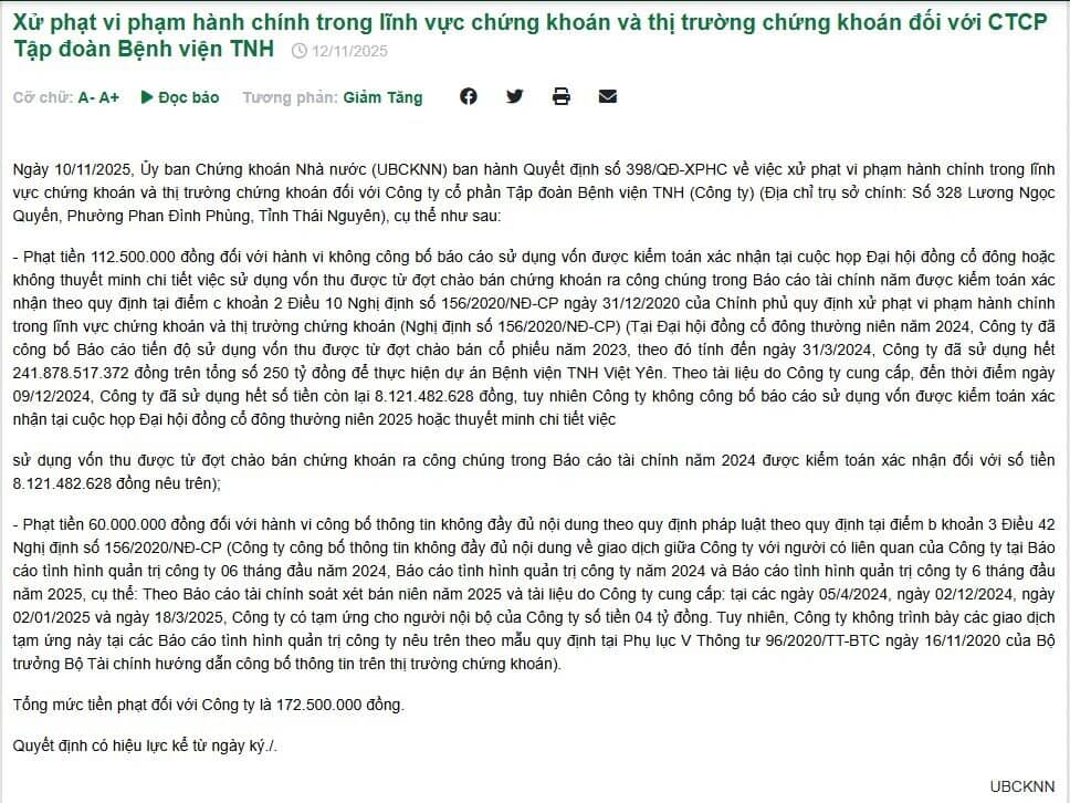 Hai doanh nghiệp bị xử phạt do vi phạm công bố thông tin