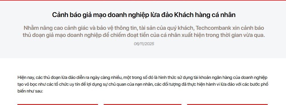 Techcombank cảnh báo khẩn đến khách hàng trên cả nước