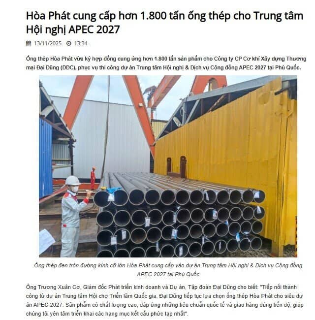 Hòa Phát ký hợp đồng cung cấp hơn 1.800 tấn ống thép cho dự án quy mô 51.000 tỷ đồng