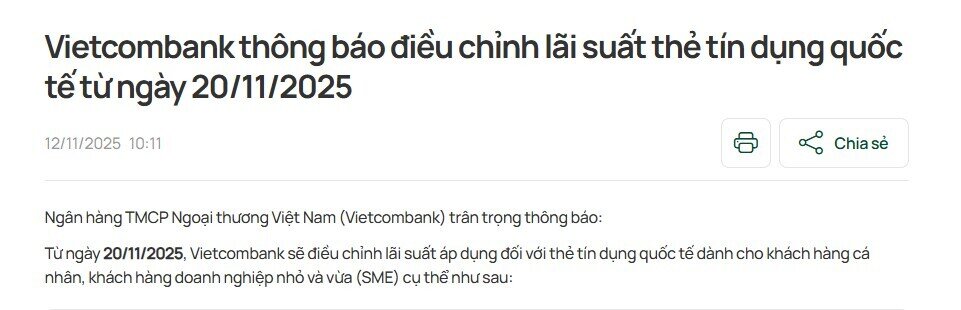 "Ông lớn" Vietcombank tăng lãi suất của hàng loạt dòng thẻ
