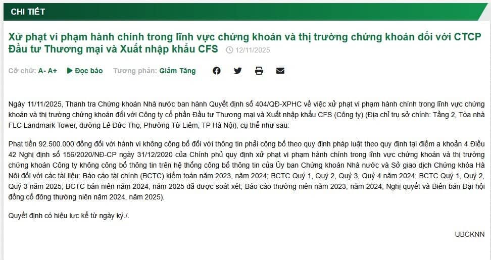 Hai doanh nghiệp bị xử phạt do vi phạm công bố thông tin