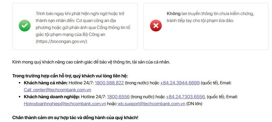 Techcombank cảnh báo khẩn đến khách hàng trên cả nước