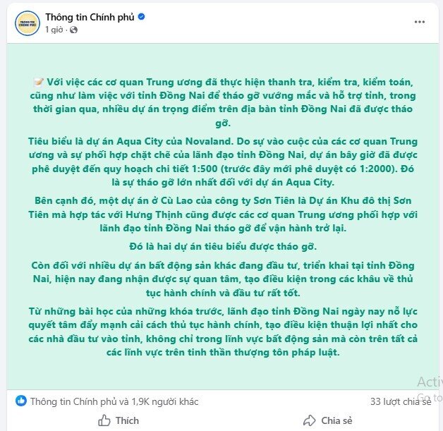 Chính phủ thông tin về bước tháo gỡ vướng mắc quan trọng tại dự án 'sống còn' Aqua City của Novaland