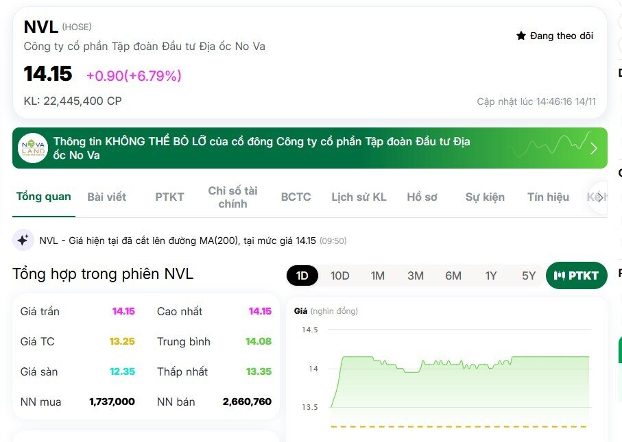 Cổ phiếu NVL "tím lịm" với thanh khoản bùng nổ sau khi đón loạt tin vui