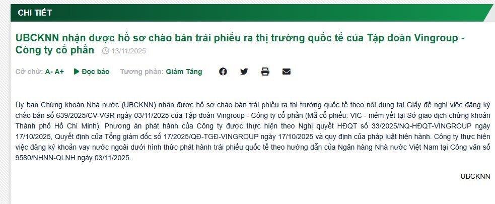 UBCKNN nhận được hồ sơ của Vingroup chào bán 325 triệu USD trái phiếu quốc tế