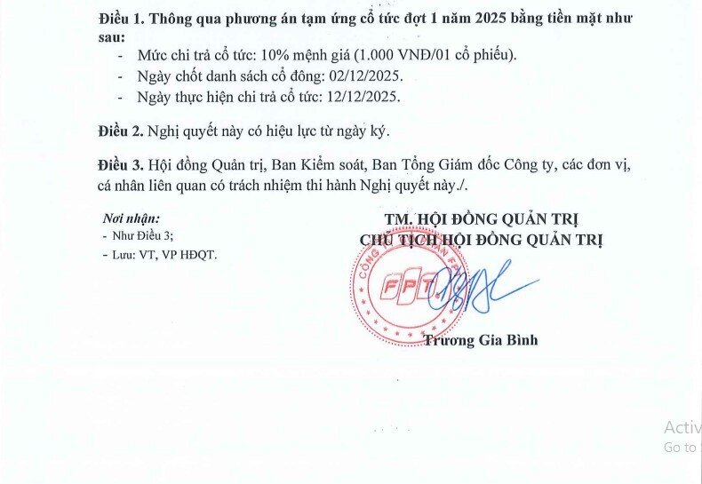 FPT chi hơn 1.700 tỷ đồng trả cổ tức