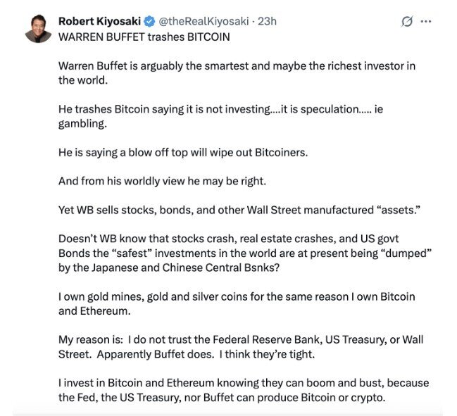 Tác giả ‘Cha giàu cha nghèo’ phản pháo huyền thoại Warren Buffett: Bitcoin không phải cờ bạc