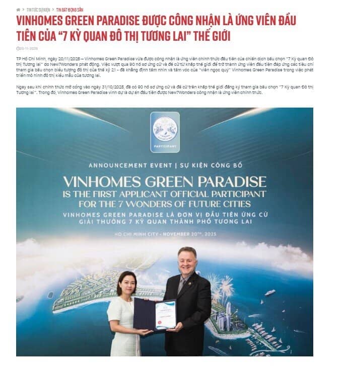 Siêu đô thị lấn biển 10 tỷ USD của Vingroup trở thành ứng viên chính thức đầu tiên tại 7 kỳ quan đô thị tương lai thế giới