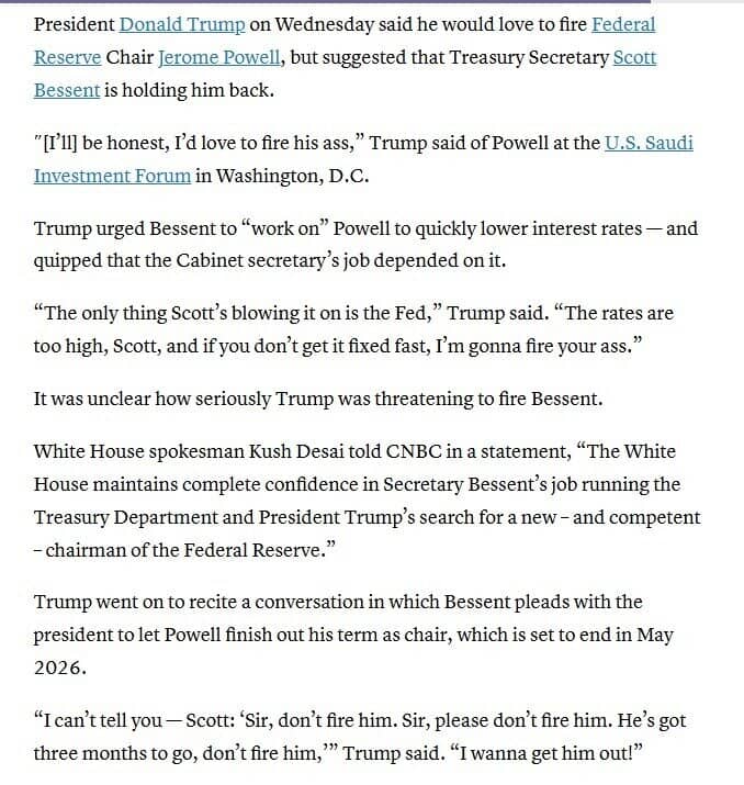 Ông Trump dọa sa thải Chủ tịch Fed Powell lẫn Bộ trưởng Tài chính vì lãi suất quá cao