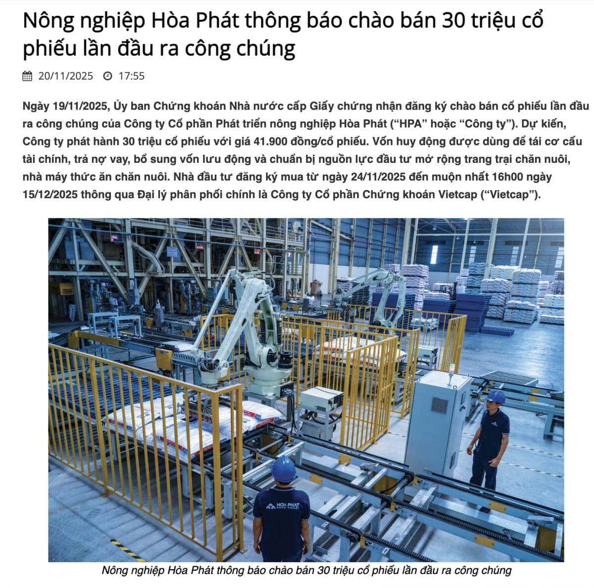 Nông nghiệp Hòa Phát chốt ngày và giá IPO 30 triệu cổ phiếu