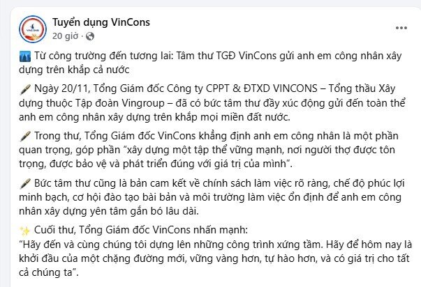 Thu nhập chạm 47 triệu/tháng: TGĐ công ty xây dựng của Vingroup tung “lời mời gọi vàng” tới công nhân