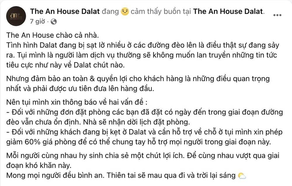 Đà Lạt chìm trong mưa lũ, loạt cơ sở lưu trú thông báo hỗ trợ khẩn cấp