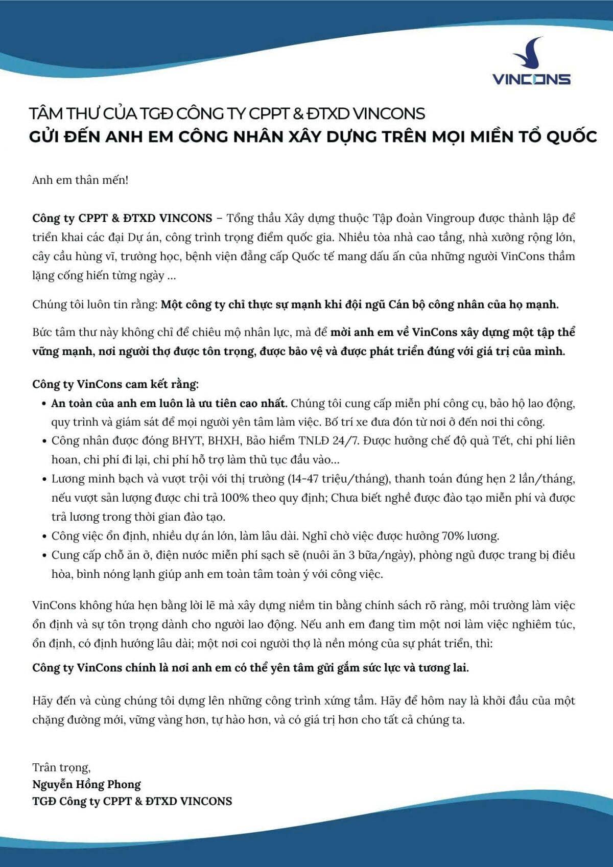 Thu nhập chạm 47 triệu/tháng: TGĐ công ty xây dựng của Vingroup tung “lời mời gọi vàng” tới công nhân