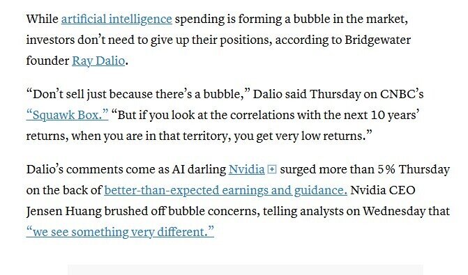 Tỷ phú Ray Dalio: AI là bong bóng nhưng nhà đầu tư đừng vội bán cổ phiếu
