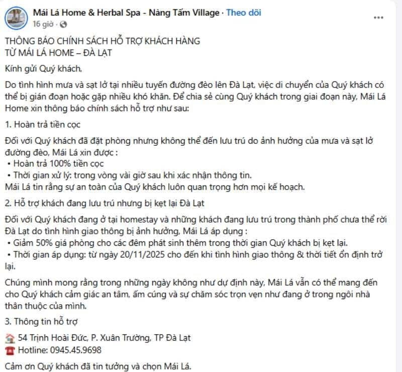 Đà Lạt chìm trong mưa lũ, loạt cơ sở lưu trú thông báo hỗ trợ khẩn cấp