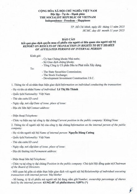 Lãnh đạo DIG không thực hiện toàn bộ quyền mua cổ phiếu chào bán thêm