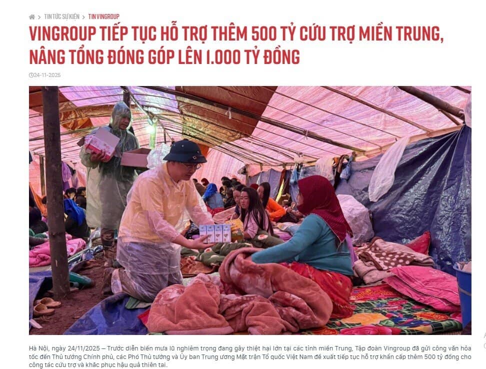 Vingroup gửi công văn hỏa tốc đề xuất hỗ trợ khẩn cấp thêm 500 tỷ đồng cứu trợ miền Trung