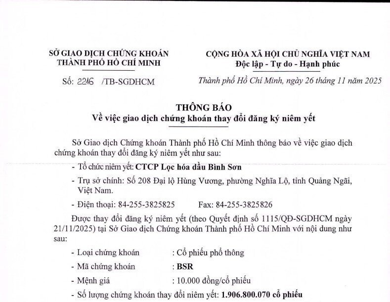 Hơn 1,9 tỷ cổ phiếu thưởng BSR sắp được giao dịch