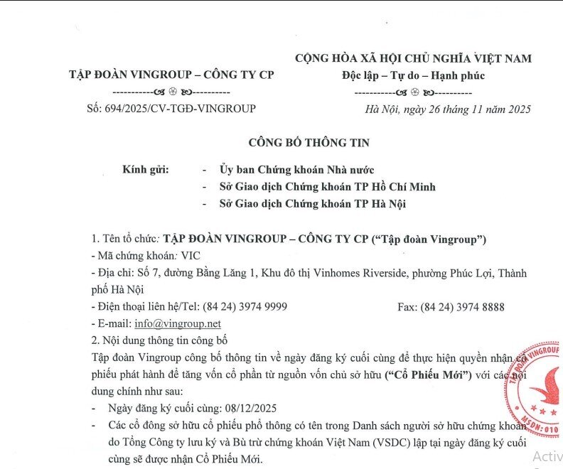 Vingroup chốt ngày đăng ký cuối cùng để phát hành 3,9 tỷ cổ phiếu thưởng