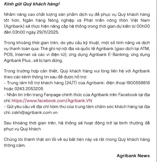Thông báo mới từ Agribank, người dùng tài khoản cần lưu ý
