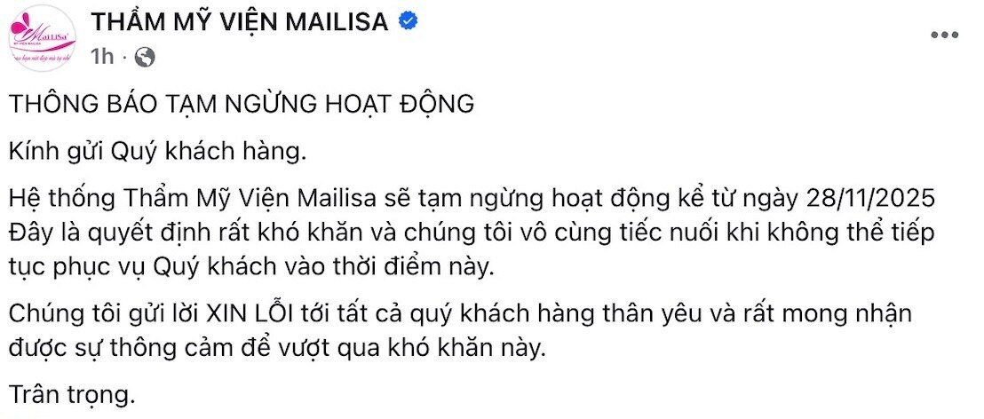 Thẩm mỹ viện Mailisa bất ngờ thông báo dừng hoạt động toàn bộ hệ thống