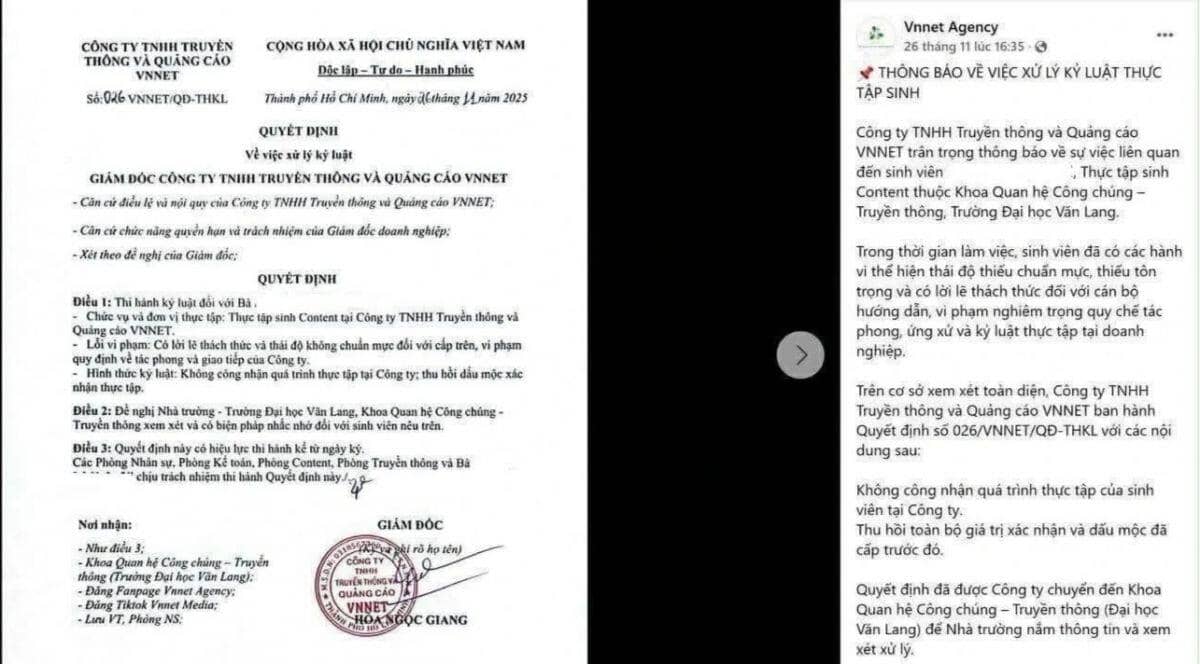 Công ty đăng tải công khai quyết định kỷ luật nữ sinh thực tập có trụ sở tại TPHCM, vốn điều lệ 100 triệu đồng, giám đốc sinh năm 2001
