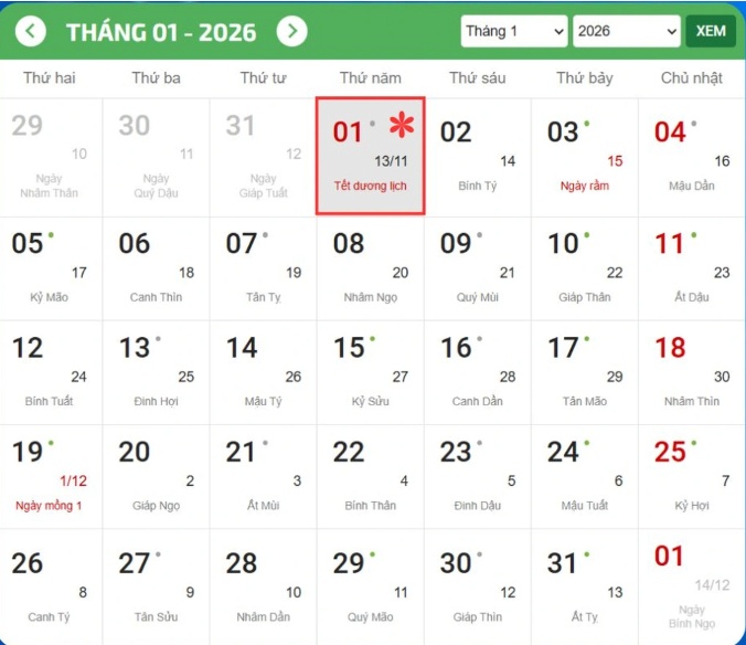 Chi tiết lịch nghỉ Tết Dương lịch năm 2026