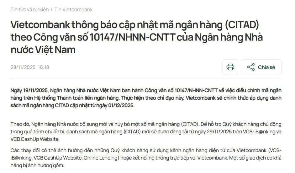 Vietcombank phát thông báo quan trọng tới toàn bộ khách hàng
