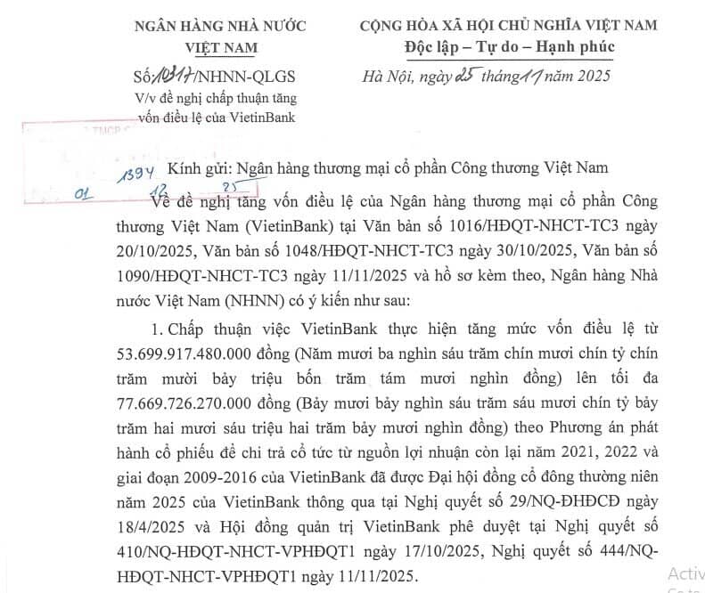 VietinBank được NHNN chấp thuận tăng vốn lên hơn 77.000 tỷ đồng