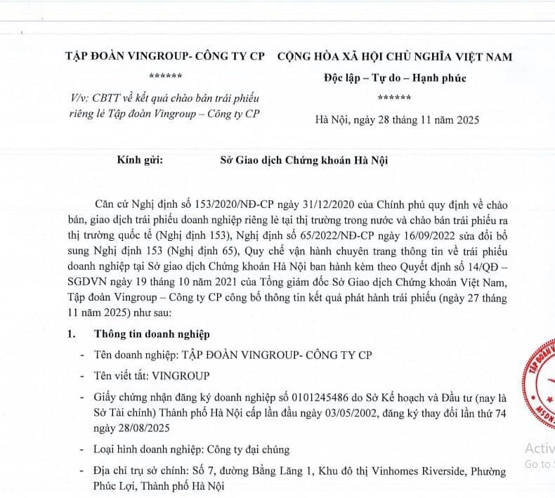 Vingroup phát hành 1.000 tỷ đồng trái phiếu, lãi suất 12%/năm