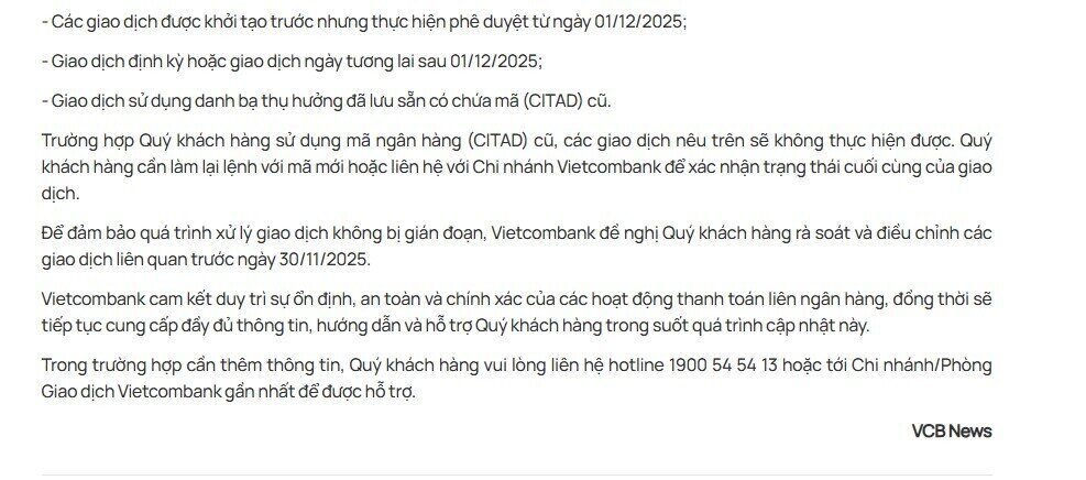 Vietcombank phát thông báo quan trọng tới toàn bộ khách hàng